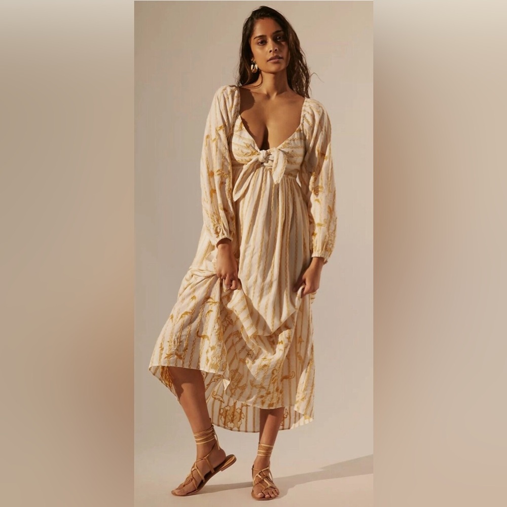 Women’s Cream & Gold Tie-Front Dress